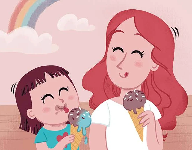 Momi y Aitana comparten un helado riéndose, bajo un arcoíris